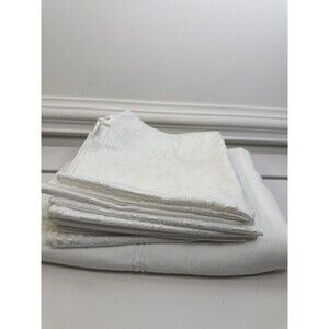 Vintage Ivory Damask Tablecloth 80x110 Semi Round & 10 Napkins 19x19 Set